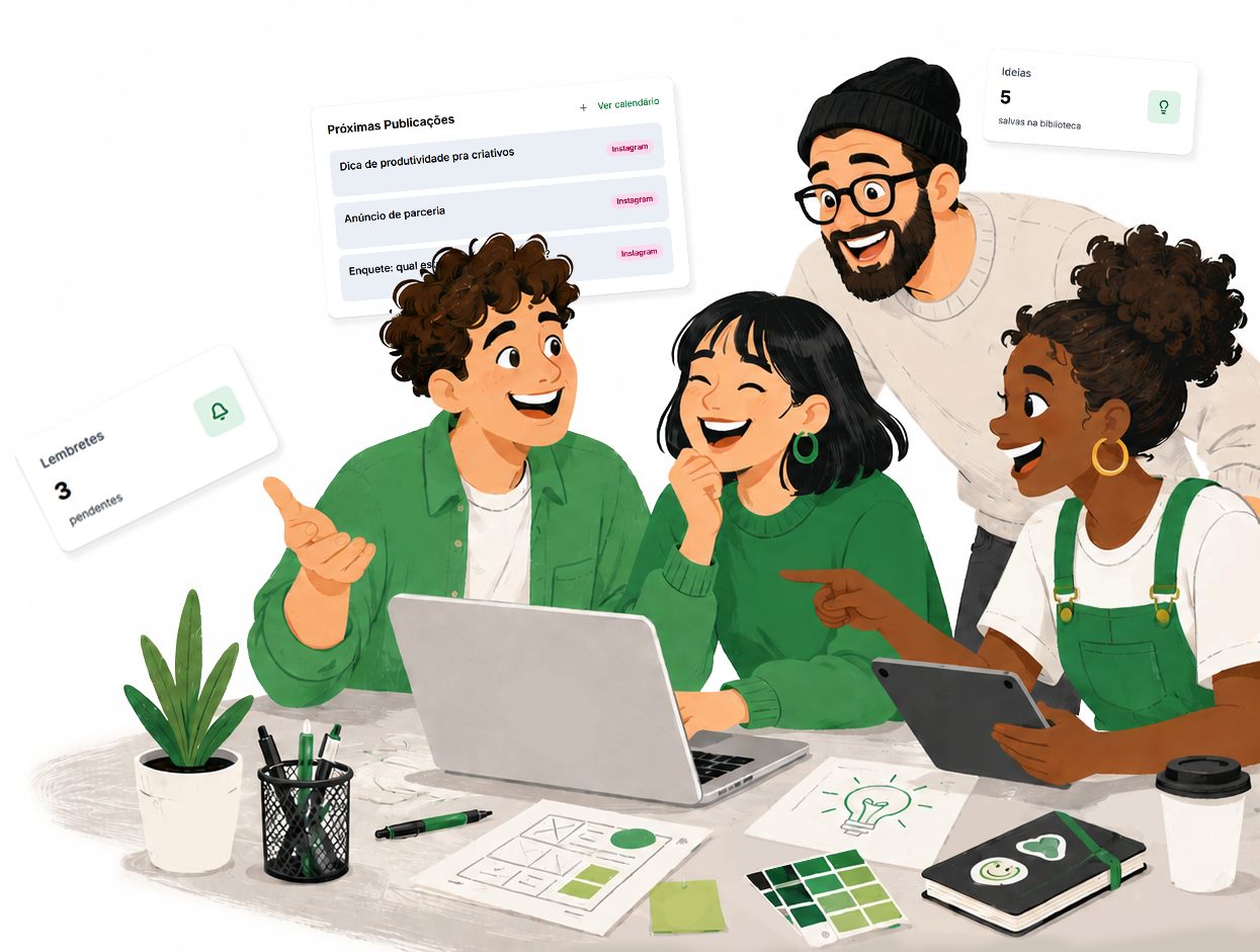 Time criativo organizando um projeto na Viita, com cartões de aprovação, paleta e tarefas