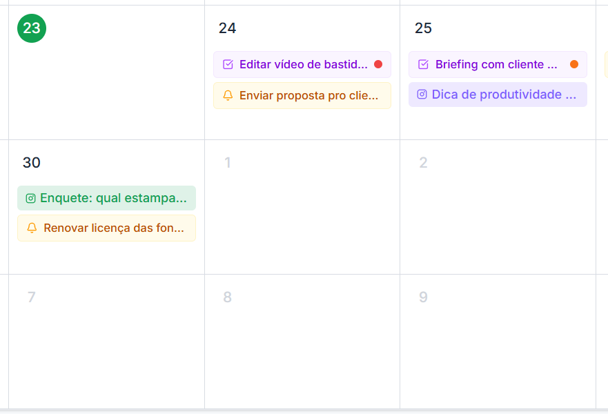 Calendário mensal da Viita com tarefas, posts e lembretes marcados nos dias