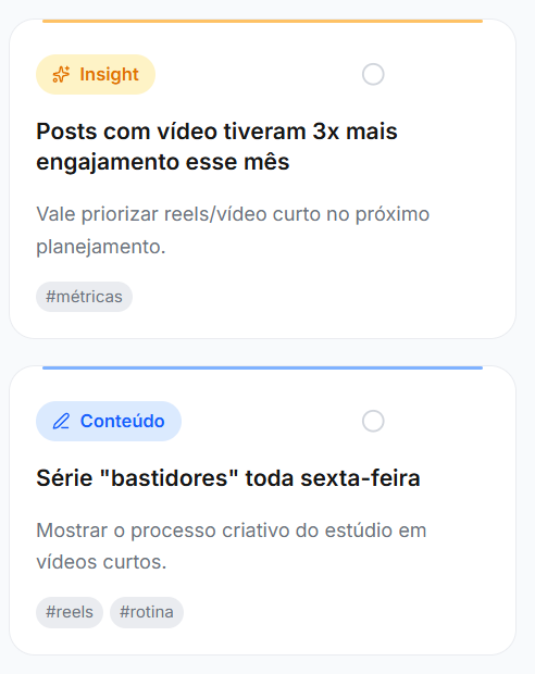 Banco de ideias da Viita com cards coloridos por tipo: conteúdo, design, referência, link e insight