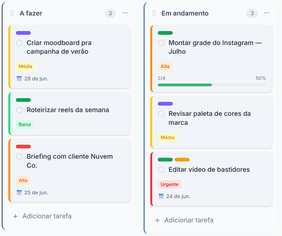 Quadro Kanban da Viita com colunas A fazer, Em andamento, Revisão e Concluído